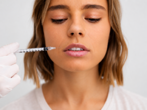 Aplicación de relleno de labios con ácido hialurónico