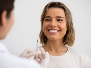 Mujer sonriendo durante una aplicación de botox