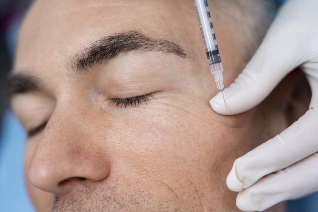 Hombre recibiendo botox en el contorno de los ojos