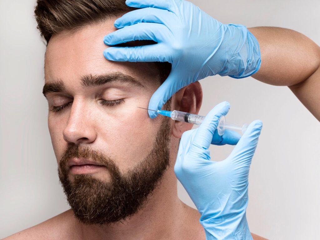 Hombre recibiendo botox en el contorno de los ojos